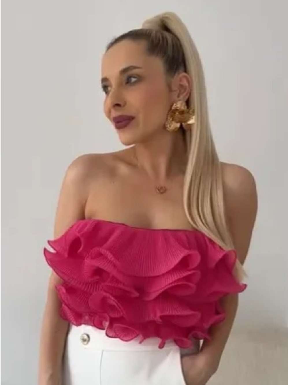Zara Pink Pleated Ruffle Off Shoulder Crop Top Strapless S NWT
